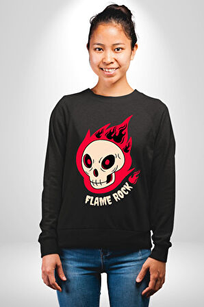 Kırmızı Ateş Kurukafa Rock Erkek Kadın Unisex Dijital Baskılı Siyah Sweatshirt