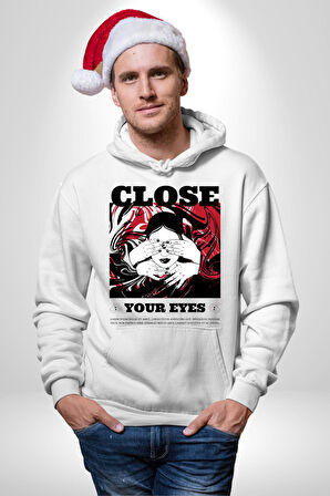 Gözlerim Kapalı Kadın Sokak Stili Erkek Kadın Beyaz Dijital Baskılı Kapüşonlu Sweatshirt Hoodie