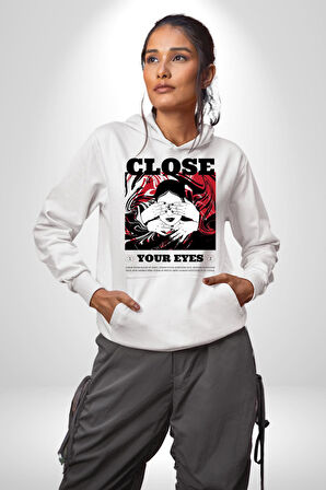 Gözlerim Kapalı Kadın Sokak Stili Erkek Kadın Beyaz Dijital Baskılı Kapüşonlu Sweatshirt Hoodie