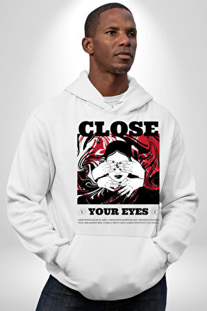Gözlerim Kapalı Kadın Sokak Stili Erkek Kadın Beyaz Dijital Baskılı Kapüşonlu Sweatshirt Hoodie