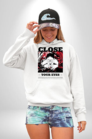 Gözlerim Kapalı Kadın Sokak Stili Erkek Kadın Beyaz Dijital Baskılı Kapüşonlu Sweatshirt Hoodie