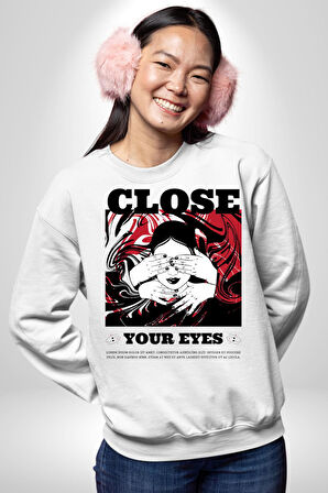 Gözlerim Kapalı Kadın Sokak Stili Erkek Kadın Unisex Dijital Baskılı Beyaz Sweatshirt