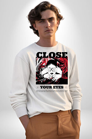 Gözlerim Kapalı Kadın Sokak Stili Erkek Kadın Unisex Dijital Baskılı Beyaz Sweatshirt