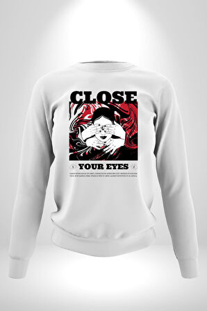 Gözlerim Kapalı Kadın Sokak Stili Erkek Kadın Unisex Dijital Baskılı Beyaz Sweatshirt