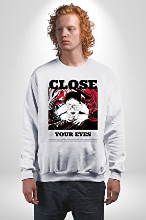 Gözlerim Kapalı Kadın Sokak Stili Erkek Kadın Unisex Dijital Baskılı Beyaz Sweatshirt