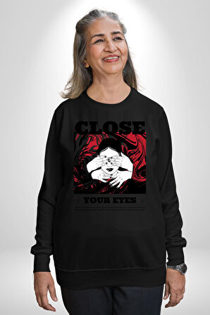 Gözlerim Kapalı Kadın Sokak Stili Erkek Kadın Unisex Dijital Baskılı Siyah Sweatshirt
