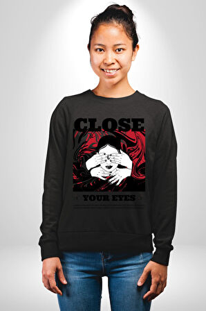 Gözlerim Kapalı Kadın Sokak Stili Erkek Kadın Unisex Dijital Baskılı Siyah Sweatshirt
