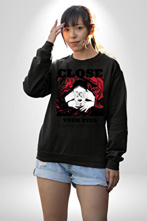 Gözlerim Kapalı Kadın Sokak Stili Erkek Kadın Unisex Dijital Baskılı Siyah Sweatshirt