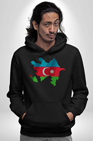 Azerbaycan Haritası Bayrak Tasarımı Erkek Kadın Siyah Dijital Baskılı Kapüşonlu Sweatshirt Hoodie