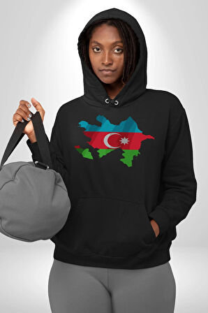 Azerbaycan Haritası Bayrak Tasarımı Erkek Kadın Siyah Dijital Baskılı Kapüşonlu Sweatshirt Hoodie