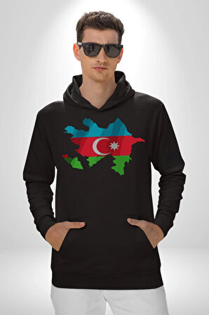 Azerbaycan Haritası Bayrak Tasarımı Erkek Kadın Siyah Dijital Baskılı Kapüşonlu Sweatshirt Hoodie