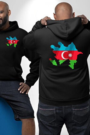 Azerbaycan Haritası Bayrak Tasarımı Erkek Kadın Siyah Ön Sırt Baskılı Kapüşonlu Sweatshirt Hoodie