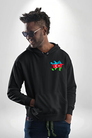Azerbaycan Haritası Bayrak Tasarımı Erkek Kadın Siyah Ön Sırt Baskılı Kapüşonlu Sweatshirt Hoodie