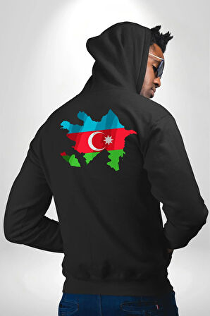 Azerbaycan Haritası Bayrak Tasarımı Erkek Kadın Siyah Ön Sırt Baskılı Kapüşonlu Sweatshirt Hoodie