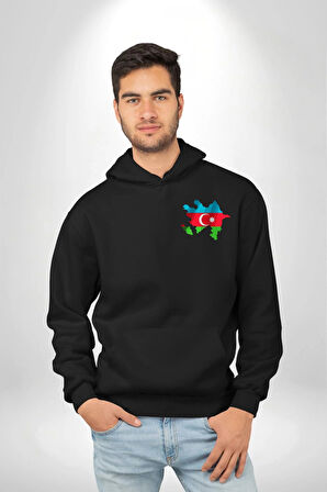 Azerbaycan Haritası Bayrak Tasarımı Erkek Kadın Siyah Ön Sırt Baskılı Kapüşonlu Sweatshirt Hoodie