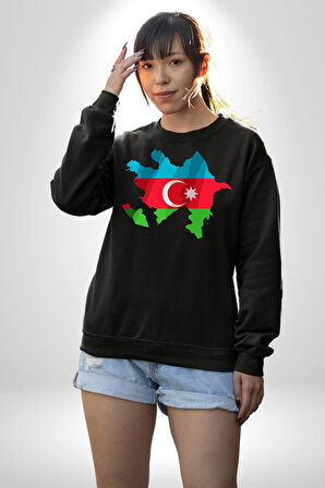 Azerbaycan Haritası Bayrak Tasarımı Erkek Kadın Unisex Dijital Baskılı Siyah Sweatshirt