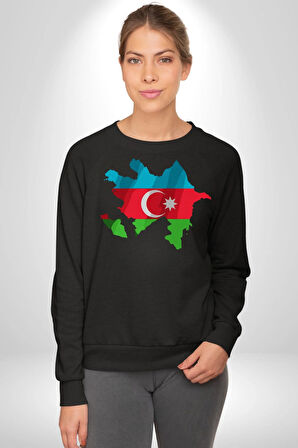 Azerbaycan Haritası Bayrak Tasarımı Erkek Kadın Unisex Dijital Baskılı Siyah Sweatshirt