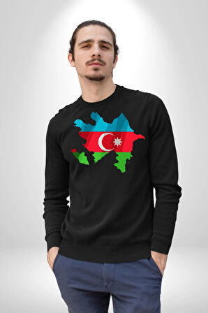 Azerbaycan Haritası Bayrak Tasarımı Erkek Kadın Unisex Dijital Baskılı Siyah Sweatshirt