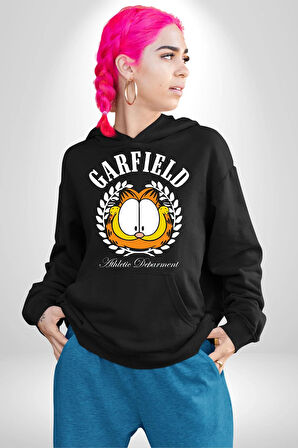 Garfield Komik Karikatür Tasarım Erkek Kadın Siyah Dijital Baskılı Kapüşonlu Sweatshirt Hoodie