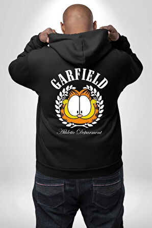 Garfield Komik Karikatür Tasarım Erkek Kadın Siyah Ön Sırt Baskılı Kapüşonlu Sweatshirt Hoodie
