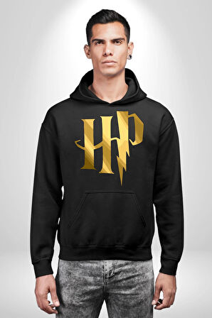 Harry Potter Sihirli Logo Tasarımı Erkek Kadın Siyah Dijital Baskılı Kapüşonlu Sweatshirt Hoodie