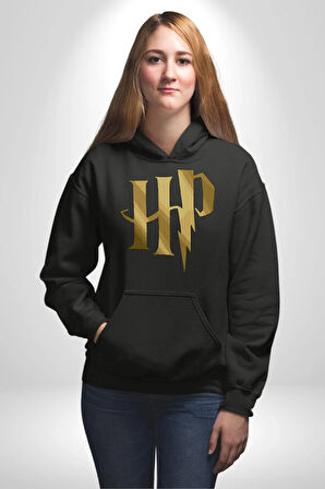 Harry Potter Sihirli Logo Tasarımı Erkek Kadın Siyah Dijital Baskılı Kapüşonlu Sweatshirt Hoodie