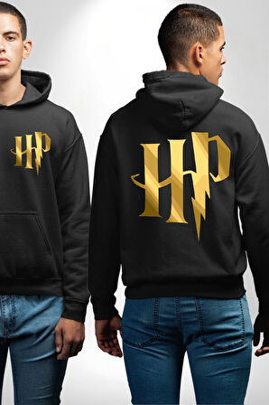 Harry Potter Sihirli Logo Tasarımı Erkek Kadın Siyah Ön Sırt Baskılı Kapüşonlu Sweatshirt Hoodie