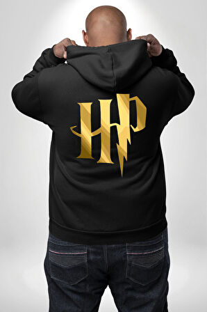 Harry Potter Sihirli Logo Tasarımı Erkek Kadın Siyah Ön Sırt Baskılı Kapüşonlu Sweatshirt Hoodie