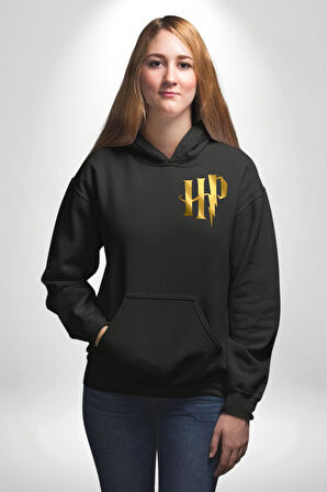 Harry Potter Sihirli Logo Tasarımı Erkek Kadın Siyah Ön Sırt Baskılı Kapüşonlu Sweatshirt Hoodie