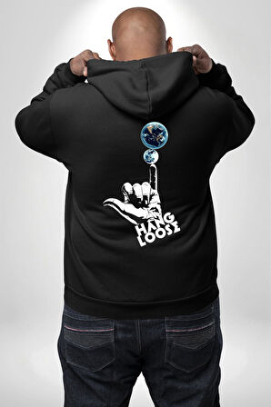 Hang Loose Dünya Temalı Eğlenceli Tasarım Erkek Kadın Siyah Ön Sırt Baskılı Kapüşonlu Sweatshirt Hoodie