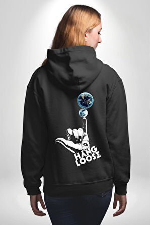 Hang Loose Dünya Temalı Eğlenceli Tasarım Erkek Kadın Siyah Ön Sırt Baskılı Kapüşonlu Sweatshirt Hoodie
