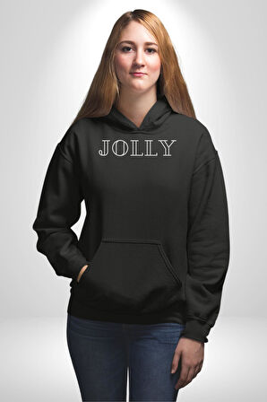 Jolly Neşeli Yazılı Erkek Kadın Siyah Dijital Baskılı Kapüşonlu Sweatshirt Hoodie