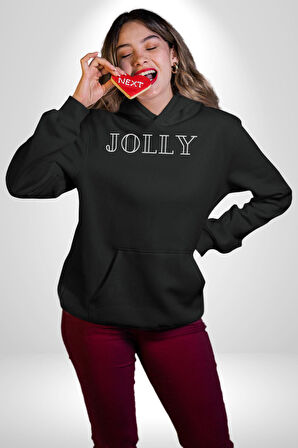 Jolly Neşeli Yazılı Erkek Kadın Siyah Dijital Baskılı Kapüşonlu Sweatshirt Hoodie