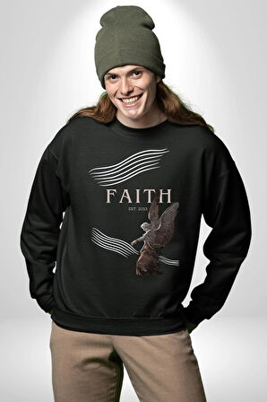 İnanç  Çocuk Melek Erkek Kadın Unisex Dijital Baskılı Siyah Sweatshirt