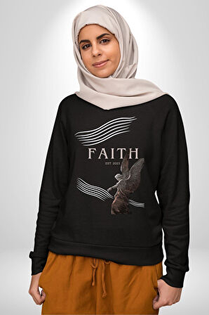 İnanç  Çocuk Melek Erkek Kadın Unisex Dijital Baskılı Siyah Sweatshirt