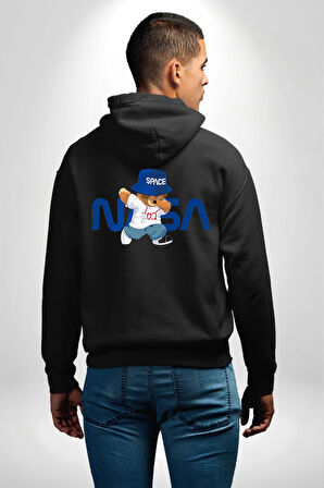 NASA Space Ayı Karikatür Tasarımı Erkek Kadın Siyah Ön Sırt Baskılı Kapüşonlu Sweatshirt Hoodie