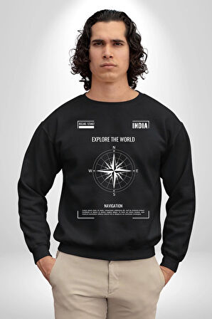 Navigasyon Pusula İle Dünyayı Keşfet Sokak Style Erkek Kadın Unisex Dijital Baskılı Siyah Sweatshirt