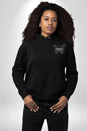 Kelebekler Gibi Cesur Ol Erkek Kadın Siyah Ön Sırt Baskılı Kapüşonlu Sweatshirt Hoodie