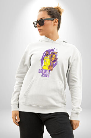 LeBron James Lakers Basketbol Tasarımı Erkek Kadın Beyaz Dijital Baskılı Kapüşonlu Sweatshirt Hoodie