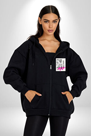 Sokak Kültürü Erkek Kadın Siyah Fermuarlı Baskılı Hırka Sweatshirt