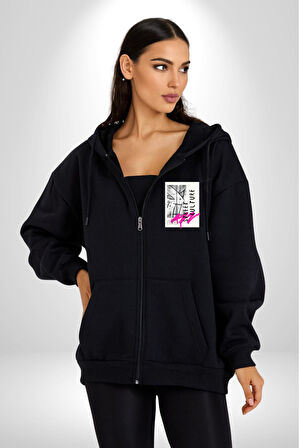 Sokak Kültürü Erkek Kadın Siyah Fermuarlı Baskılı Hırka Sweatshirt