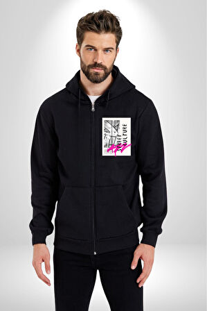 Sokak Kültürü Erkek Kadın Siyah Fermuarlı Baskılı Hırka Sweatshirt