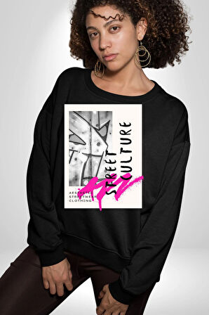 Sokak Kültürü Erkek Kadın Unisex Dijital Baskılı Siyah Sweatshirt