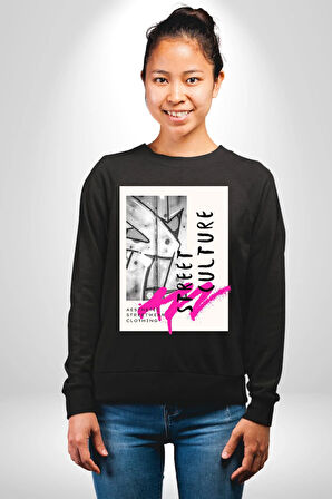 Sokak Kültürü Erkek Kadın Unisex Dijital Baskılı Siyah Sweatshirt