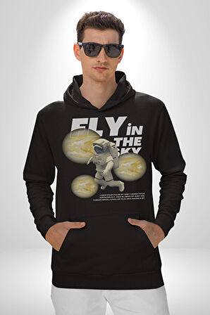 Gökyüzünde Uçmak Astronot Erkek Kadın Siyah Dijital Baskılı Kapüşonlu Sweatshirt Hoodie