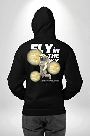 Gökyüzünde Uçmak Astronot Erkek Kadın Siyah Ön Sırt Baskılı Kapüşonlu Sweatshirt Hoodie