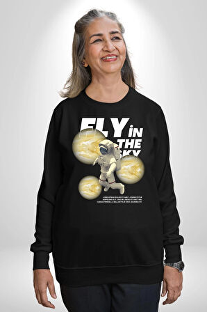 Gökyüzünde Uçmak Astronot Erkek Kadın Unisex Dijital Baskılı Siyah Sweatshirt