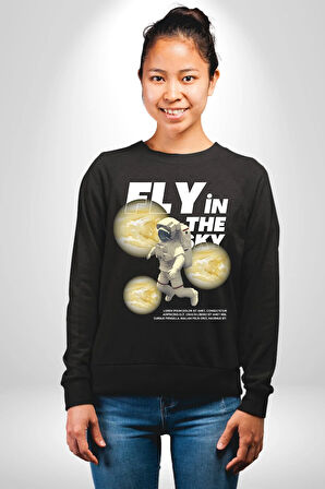 Gökyüzünde Uçmak Astronot Erkek Kadın Unisex Dijital Baskılı Siyah Sweatshirt