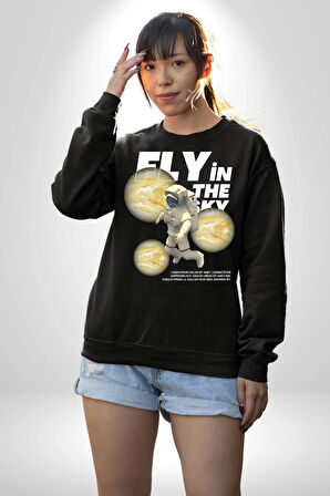 Gökyüzünde Uçmak Astronot Erkek Kadın Unisex Dijital Baskılı Siyah Sweatshirt