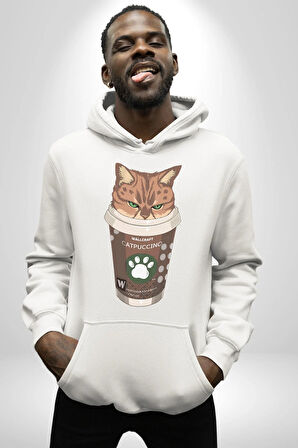 Catpuccino Kedi Karikatür Eğlenceli Tasarım Erkek Kadın Beyaz Dijital Baskılı Kapüşonlu Sweatshirt Hoodie